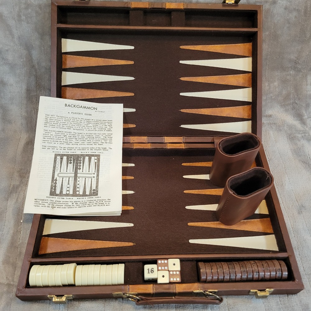 Cardinal Backgammon Game Set Brown Vintage Faux Leather Briefcase Case Complete